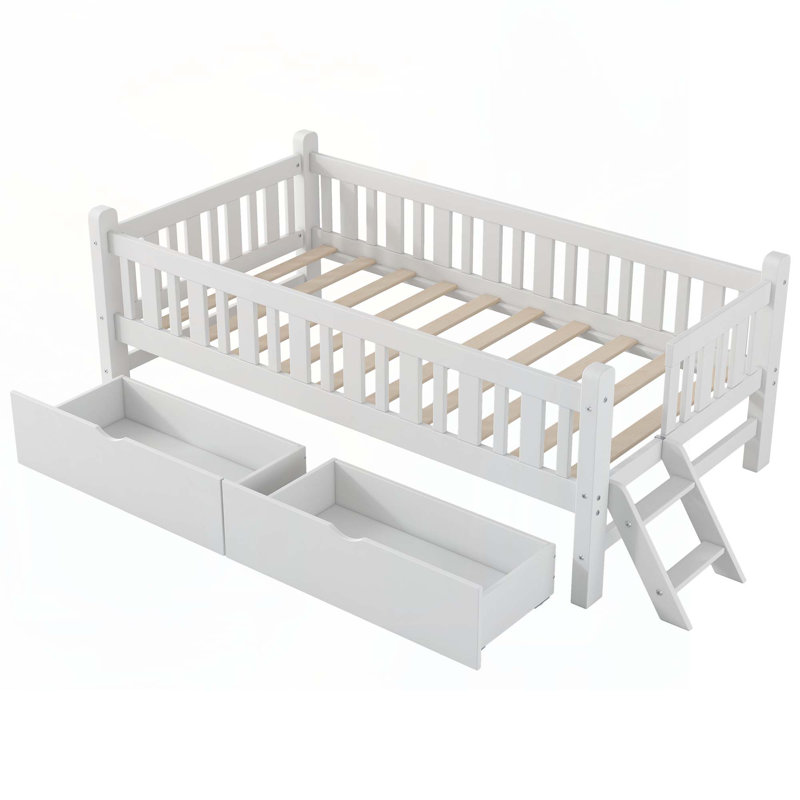 Lit en bois avec tiroirs de rangement, Blanc