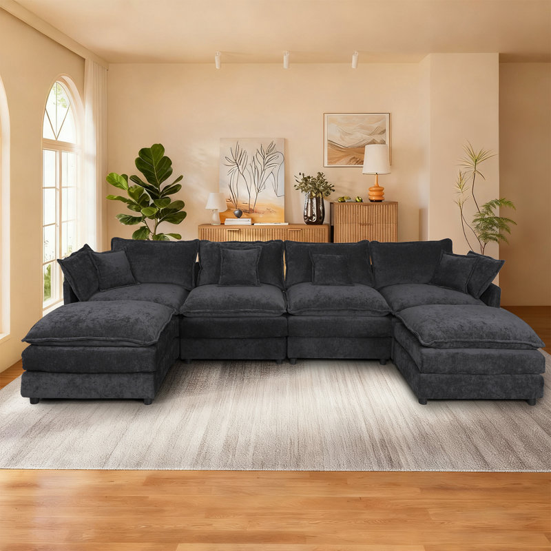 140.5" U-Shaped Modular Sectional Sofa, 4-Seater Cloud Couch with Chenille Upholstery, Lumbar Pillows & Movable Ottoman for Living Room