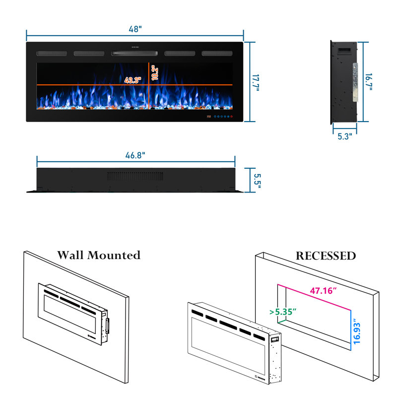 Cassella Black Electric Fireplace with 5120 BTU, 17.7" H x 48" W x 5.5" D