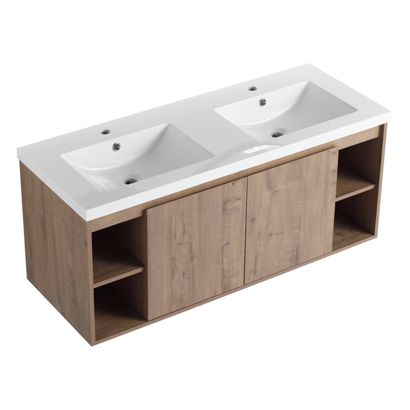 Meuble-lavabo mural 48 po avec lavabo double, charnière de porte à fermeture en douceur