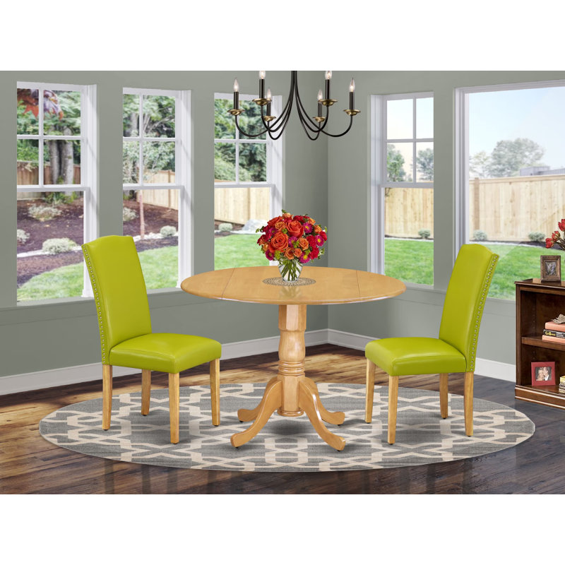 3 Piece Dinette Set for Small Spaces Contains a Round Dining Table with Dropleaf and 2 Autumn Green Faux Leather Upholstered Chairs, 42x42 Inch, Oak