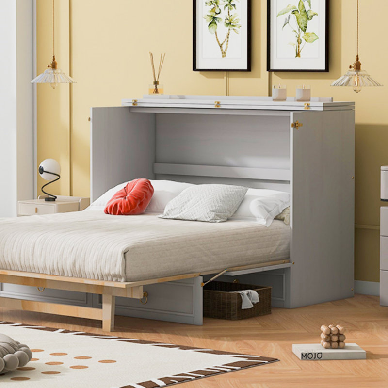 Lit escamotable double avec grands tiroirs, Lit double, Blanc
