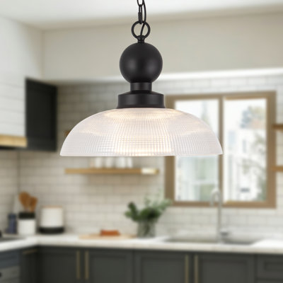 16-in Black Pendant with Clear Ribbed Glass