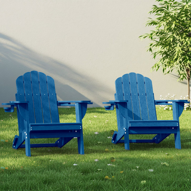 Dauji Oversize Adirondack Chair Weather-Resistant Foldable Patio Chair Wood Texture Fire Pit Chair With Cup Holder, Navy
