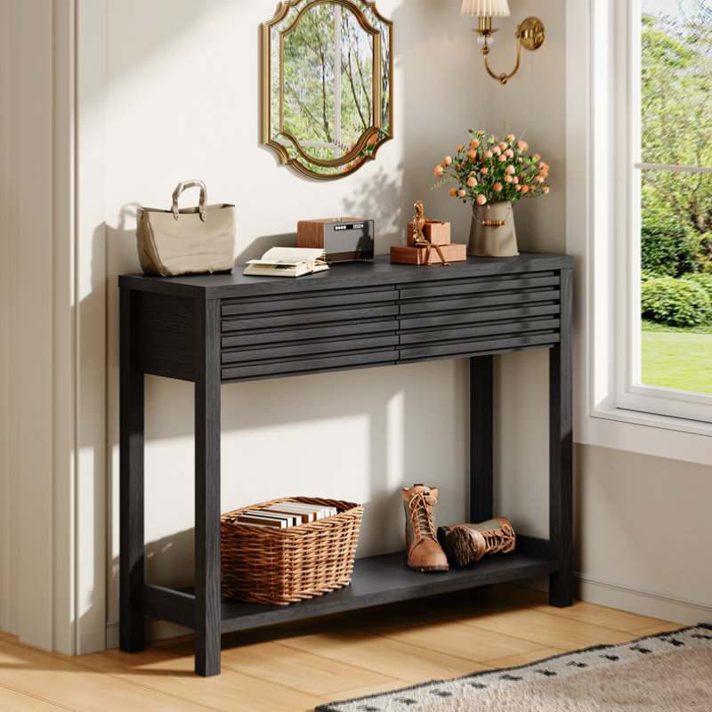 Console cannelée 40 po avec 2 tiroirs, table d'entrée moderne en bois à 2 niveaux avec tablette de rangement, Noir