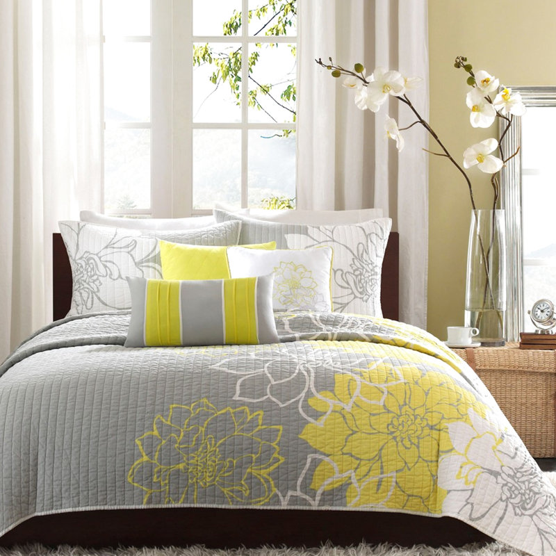 Courtepointe en coton double / grand avec coton prélavé, gris-jaune, 6 pièces de couleur gris riche, double / grand