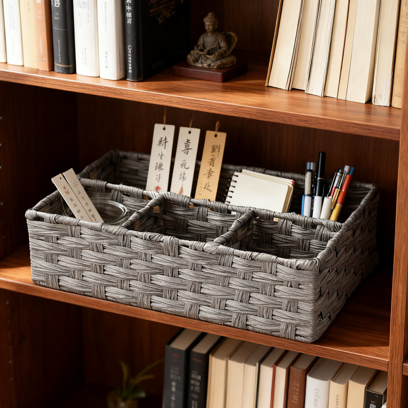 Woven Storage Basket With Handle And Internal Metal Frame, Multi-Compartment Organizer For Bathroom Counter, Shelf, Or Cabinet