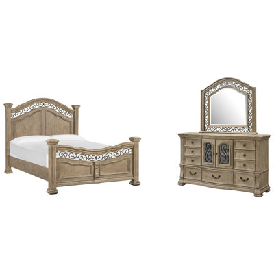Grand lit à panneau et commode à tiroirs avec miroir de paysage