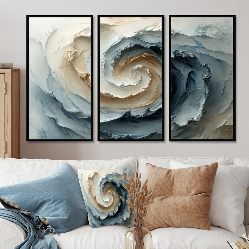 Ensemble de salon bleu et blanc Spiraling Profondeurs - Spirales abstraites, Toile avec cadre flottant noir