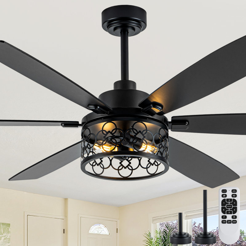 Grand ventilateur de plafond de 60 pouces avec lumières et télécommande, ventilateur de plafond noir réversible à 6 vitesses pour patio