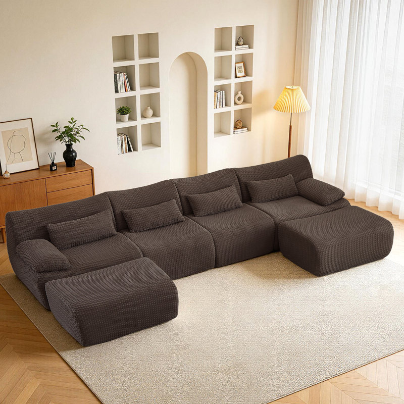 Canapé modulaire de 141 po avec repose-pieds modulaire avec repose-pieds et siège profond 141 po pour salon, Tissu brun