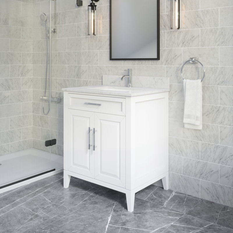 Meuble-lavabo simple en bois massif l 30 po x P 22 po avec plateau en pierre reconstituée, tiroir et lavabo encastré en céramique Jackson (blanc) Jackson