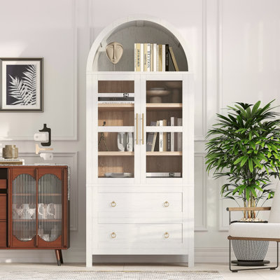 71" Tall Arched Kitchen Pantry Cabinet With 2 Large Drawers, Modern Farmhouse Kitchen Storage Cabinets With Adjustable Shelves, Glass Door, Wood Versa