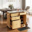 Îlot de cuisine intérieur en bambou avec plateau en acier inoxydable - Chariot mobile avec tiroirs, armoire et porte-serviettes pour la salle à manger et le bar