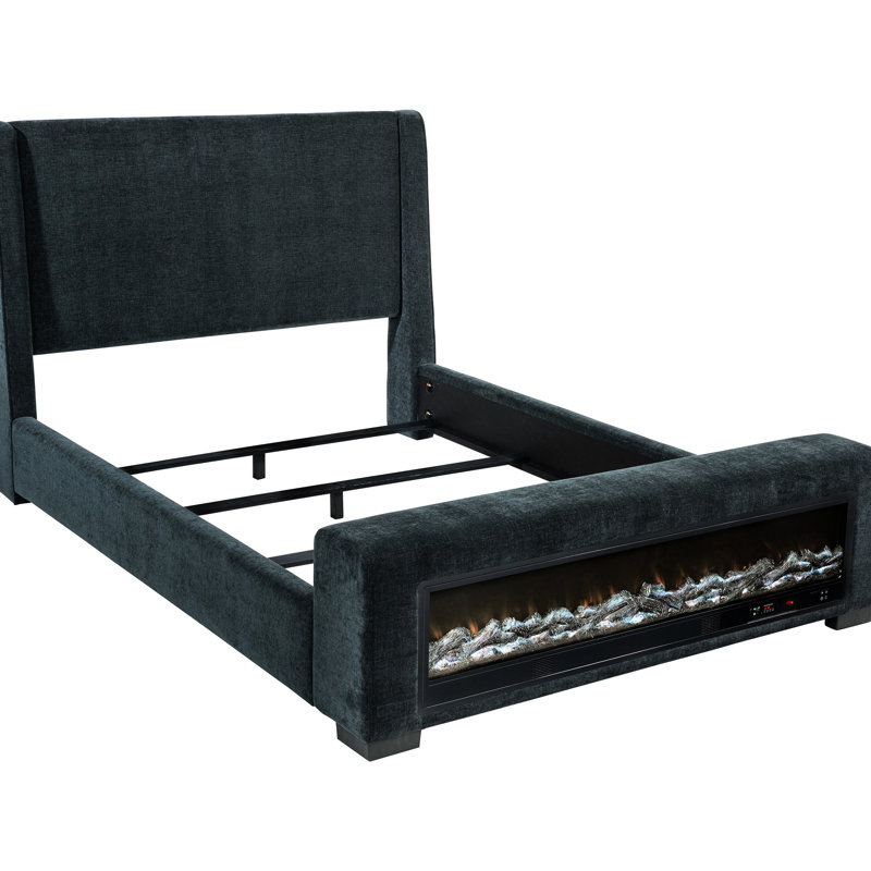 Mid - Century Modern Dark Blue Upholstered Eastern King Bed, Adjustable Brightness, Wireless Remote Control, Audio, Flame Visualizer With 13 Customizable Colors For Bedroom Decor Modern, Visual Custom