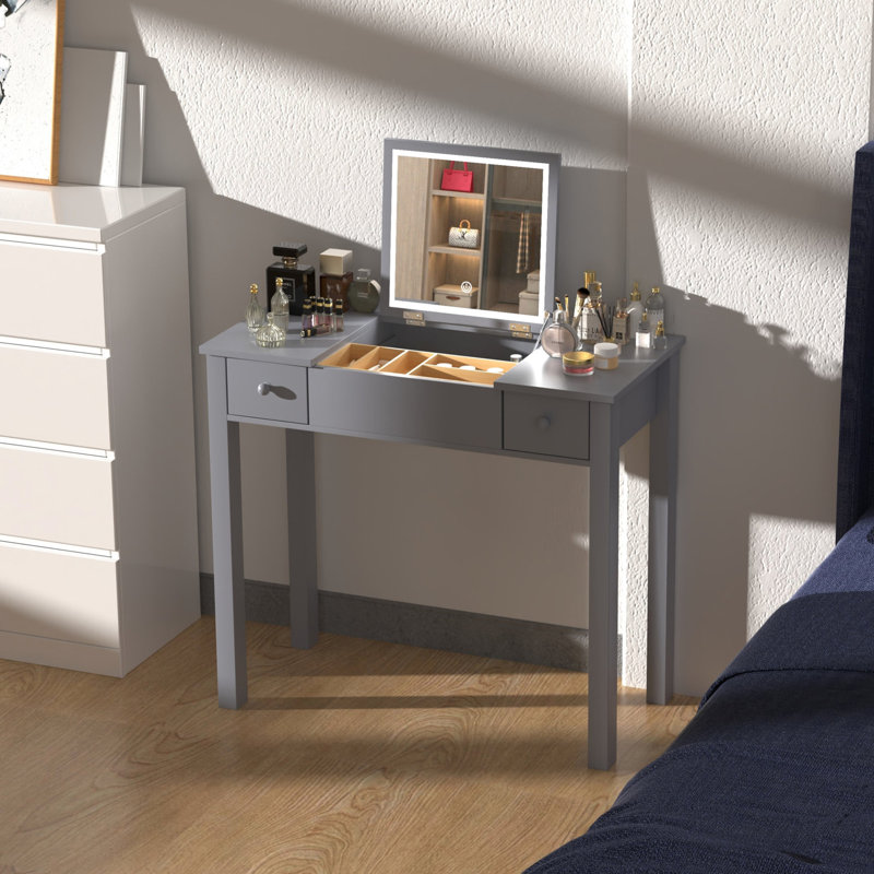 Coiffeuse grise avec lumières à DEL et 2 tiroirs - miroir rabattable de 3 mm, beaucoup d'espace pour les cosmétiques et les lunettes pour femmes