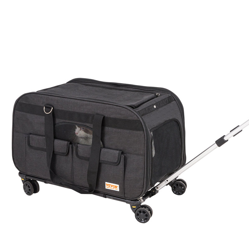Porte-chat avec roues, transporteur pour animaux roulant avec poignée télescopique et bandoulière, transport pour chien avec roues pour animaux de compagnie de moins de 35 lb, avec 1 bol pliable, noir