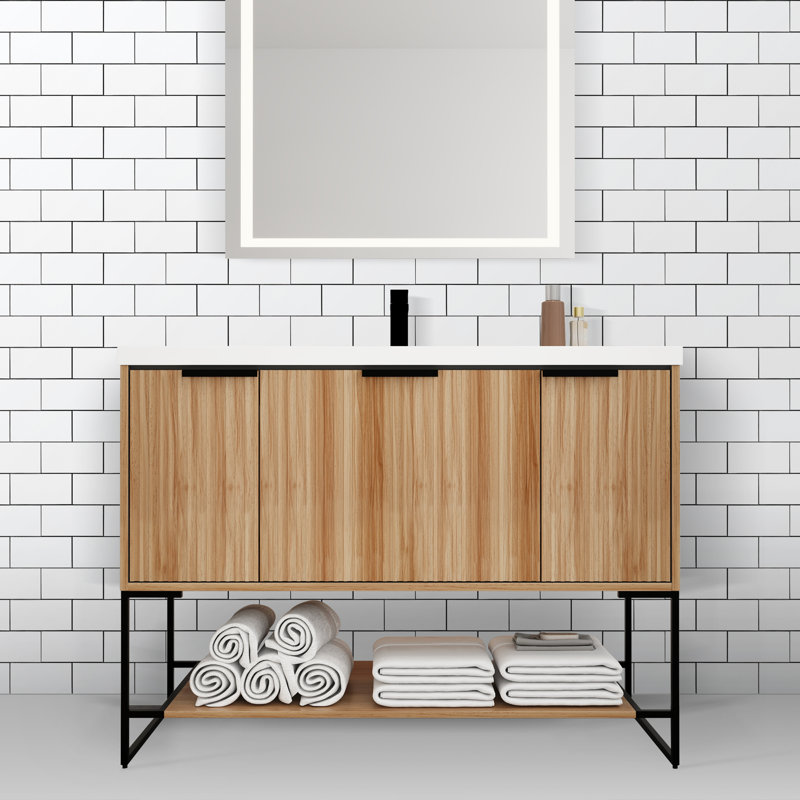Pritha 48" Wood Slatted Freestanding Vanity with Resin Sink and Metal Frame - Modern Bathroom Storage Solution, Natural Wood