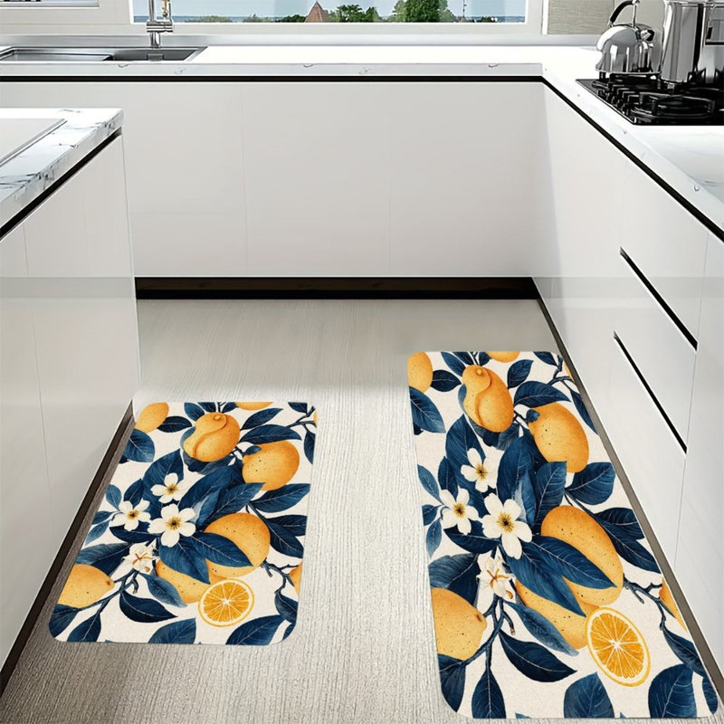 Orange & White Flower, Kitchen Mats Set Of 2, Ivory Floral