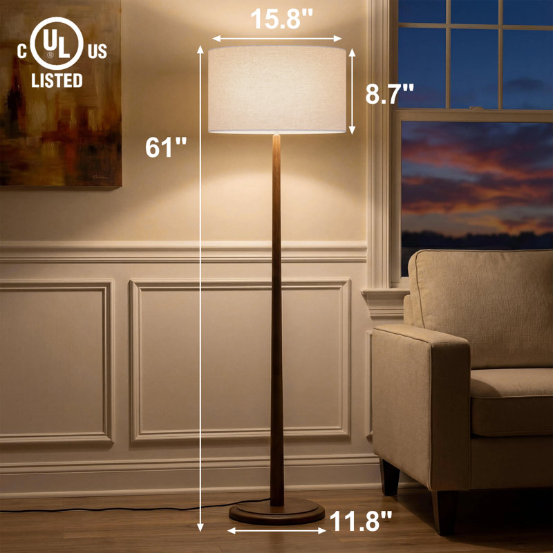 Nordic Solid Wood Floor Lamp With Linen Drum Shade, Walnut Finish Rubberwood Base, E26 Socket, Foot Switch, Ul Listed, Cream