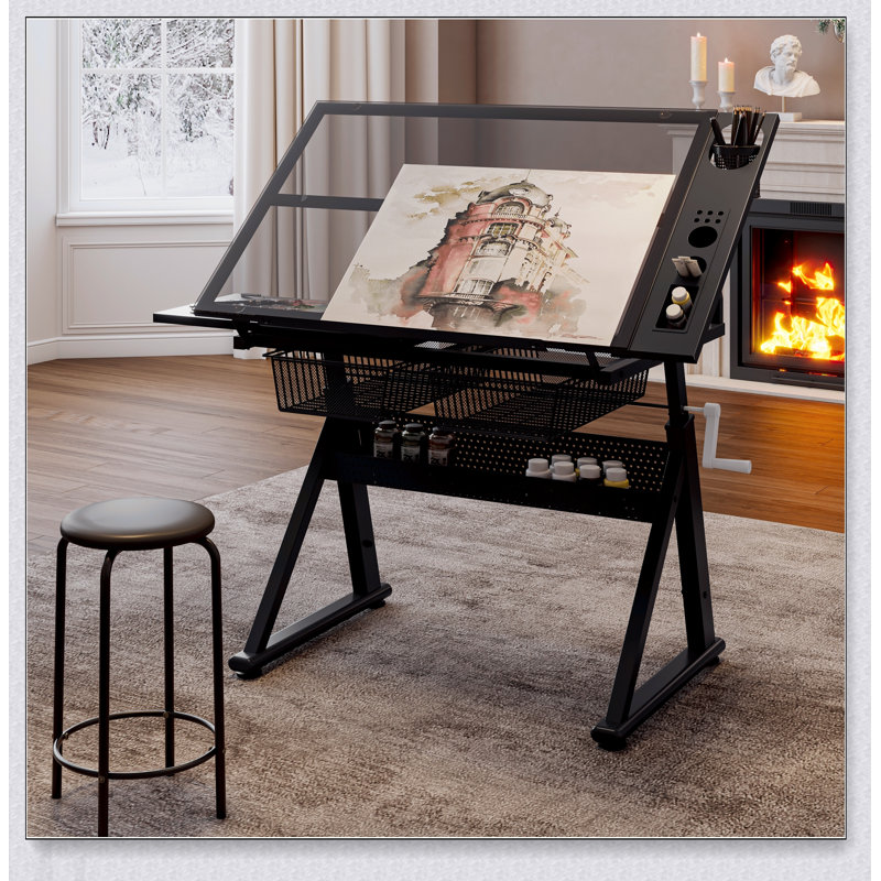 Table à dessin réglable en verre trempé avec chaise et rangement, parfaite pour le dessin, l'impression et le bureau personnel