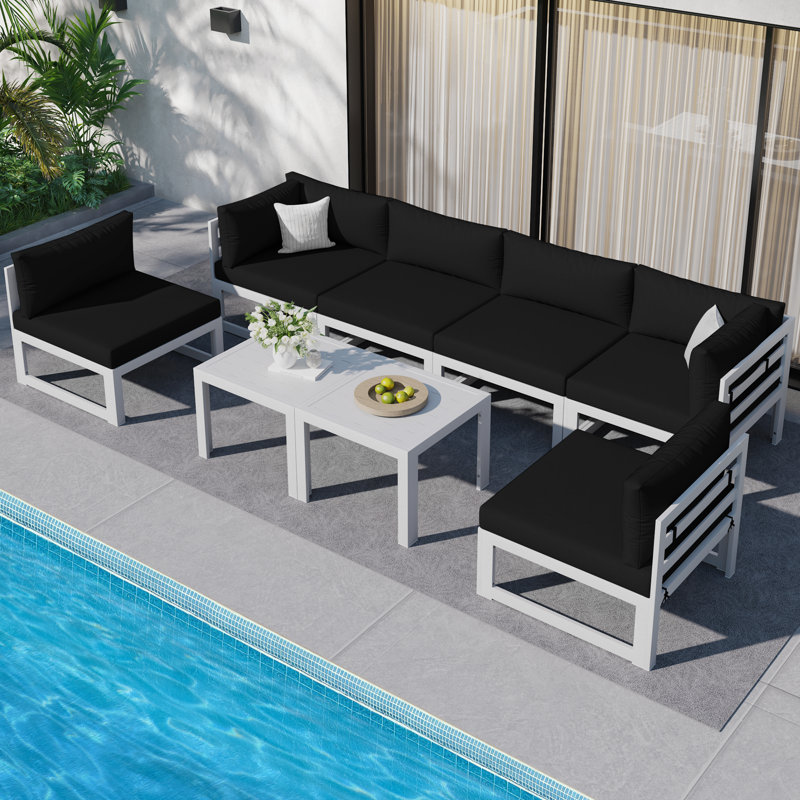 Ensemble de conversation modulaire d'extérieur en aluminium avec coussins et table basse 8 pièces Gilemette, Blanc