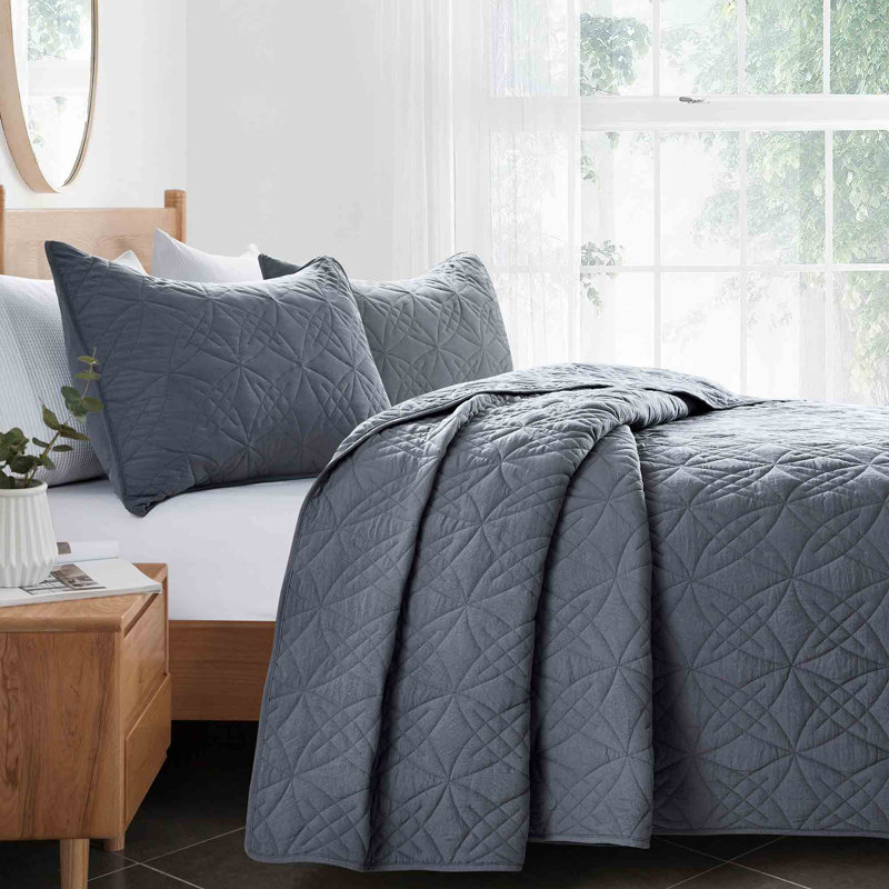 Ensemble de couvre-lit réversible en microfibre, Courtepointe très grand + 2 taies d'oreiller stan, Gris foncé