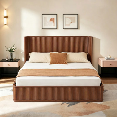 Queen Size Mid-Century Modern Fluted Wood Bed Frame, Vertical Reeded Headboard & Footboard Bed Frame, No Box Spring Needed