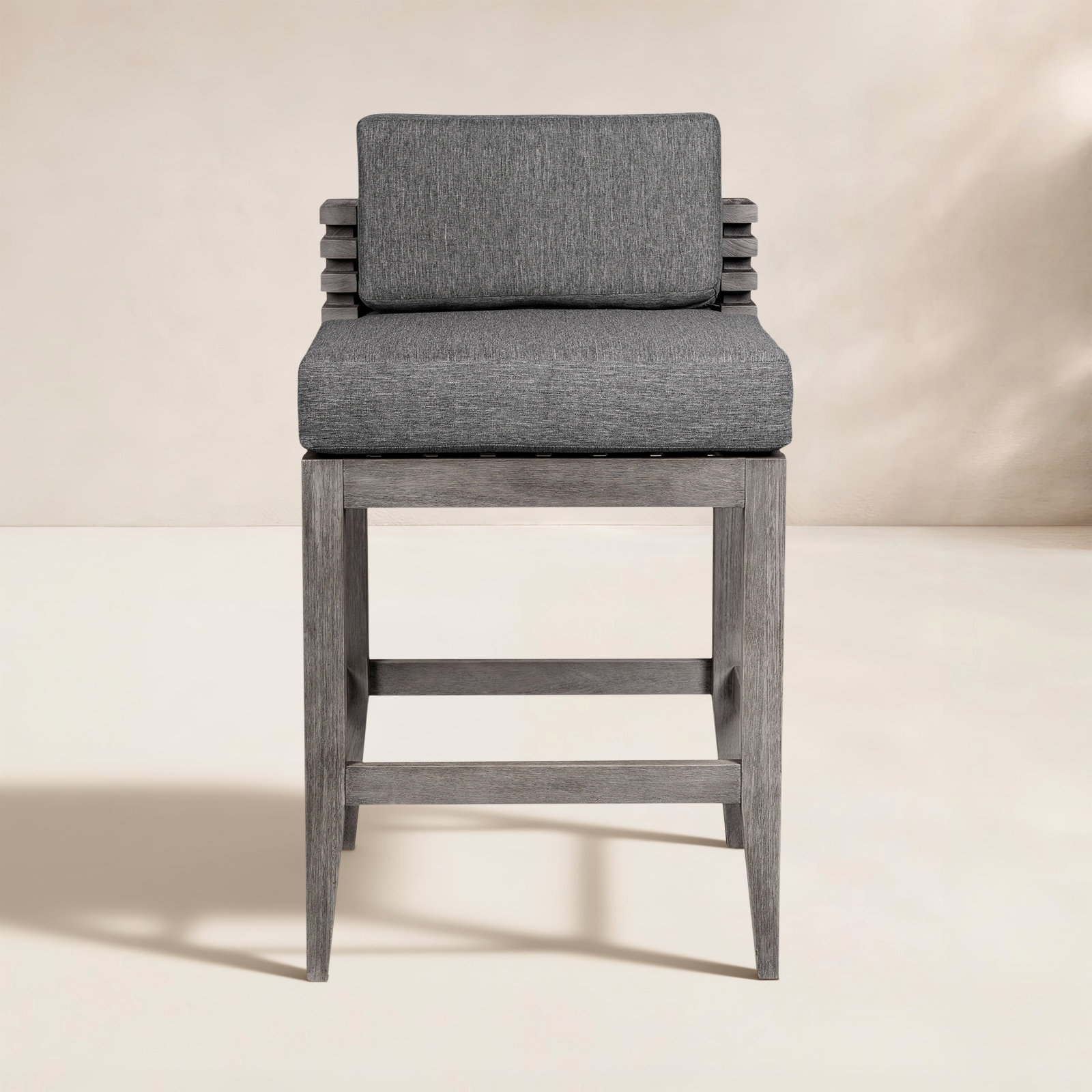 Aerilyn Wood Outdoor Bar Stool with Cushion, Light Gray, Grey Performance, 30" H