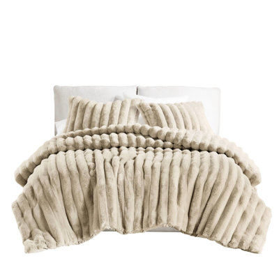 King Ultrasoft Faux Fur Ribbed Comforter With 2 Shams In Taupe, Fluffy Design, Fill For Warmth