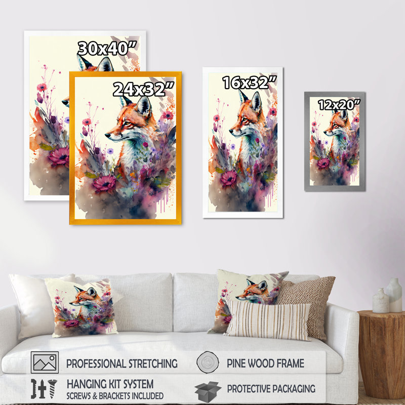 «Cute Fox Floral Art II», peinture sur toile, H 20 po x l 12 po x P 1 po, Impression noire sur toile encadrée
