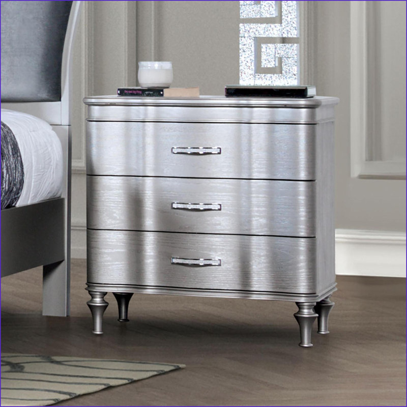 Table de chevet 3 tiroirs Silver Glam Pieds tournés, Argent argent