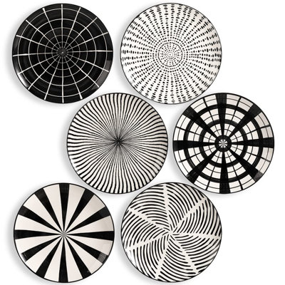 Ceramic Dinner Plates, 10 Inch Large Porcelain Round Flat Plates, Modern Pattern, Dishwasher, Microwave And Oven Safe, Set Of 6, (Black)