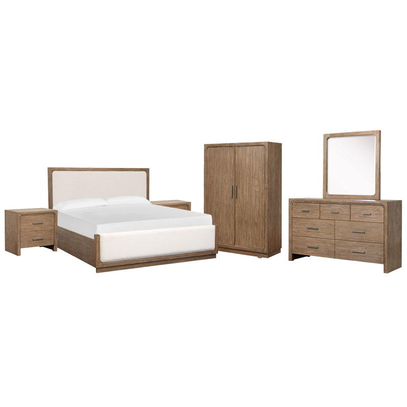 Grand lit à panneau tapissier avec 2 tables de chevet Hien, Grand, Ensemble de 3 pièces : lit, 2 tables de chevet