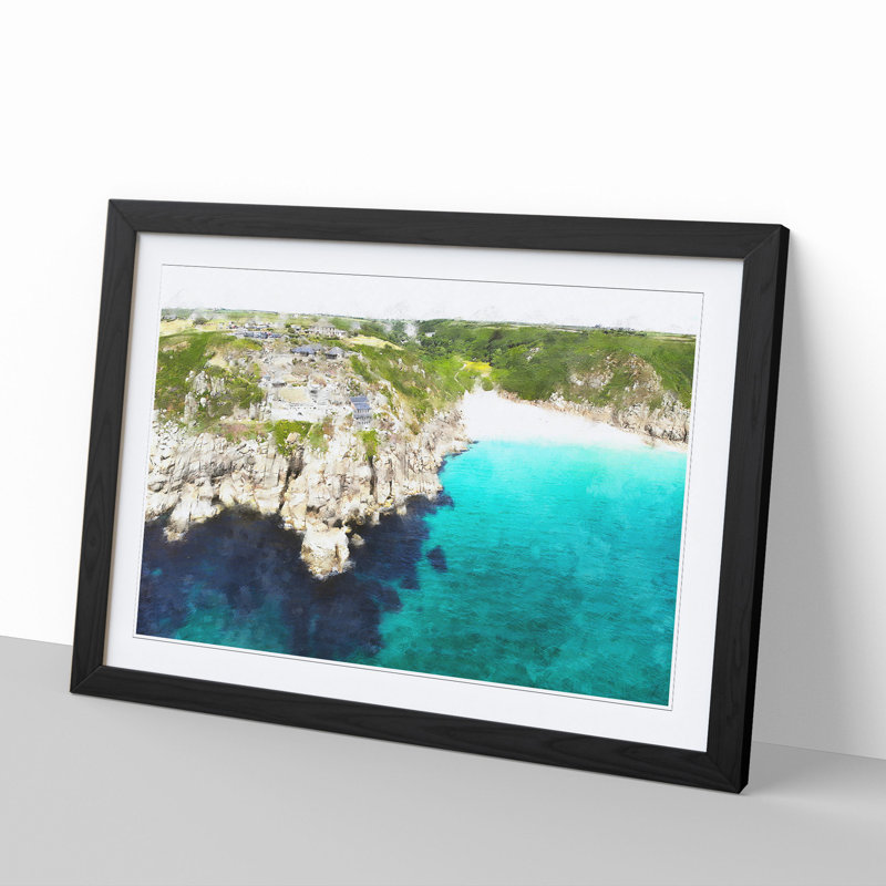 Porthcurno Beach in Cornwall - Picture Frame Graphic Art, 48cm H x 65cm W x 2cm D, Black Framed