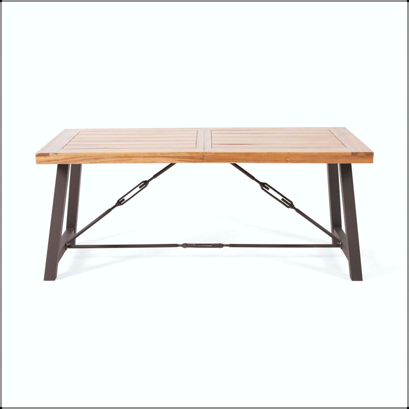 Table de salle à manger d'extérieur industrielle avec plateau en bois d'acacia et structure en fer thermolaqué