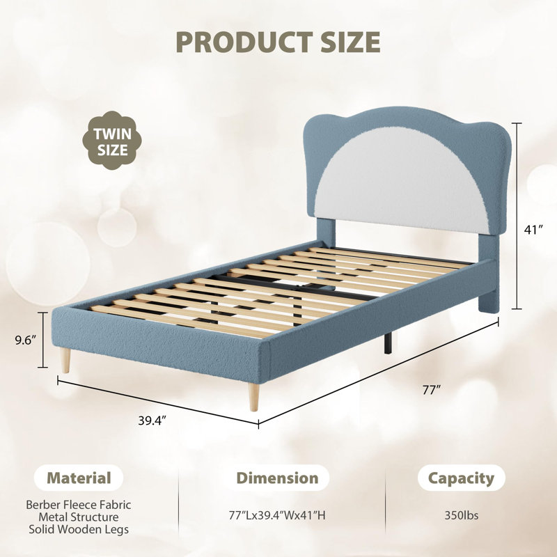 Twin Size Platform Bed Frame with Plush Upholstered Headboard, Solid Wood Slat Support Low Profile Design for Girls and Boys, No Box Spring Needed, Blue
