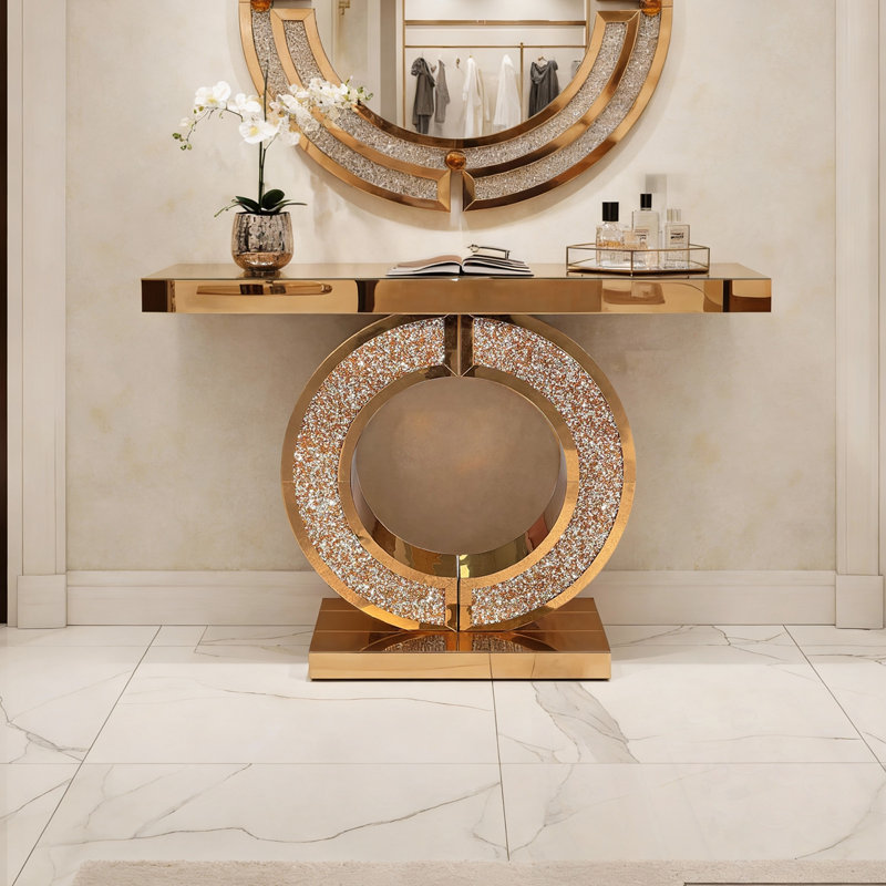 Console à miroir, incrustation de diamant concassé, table d'appoint étroite avec base en forme de O, brun | Idée de cadeau