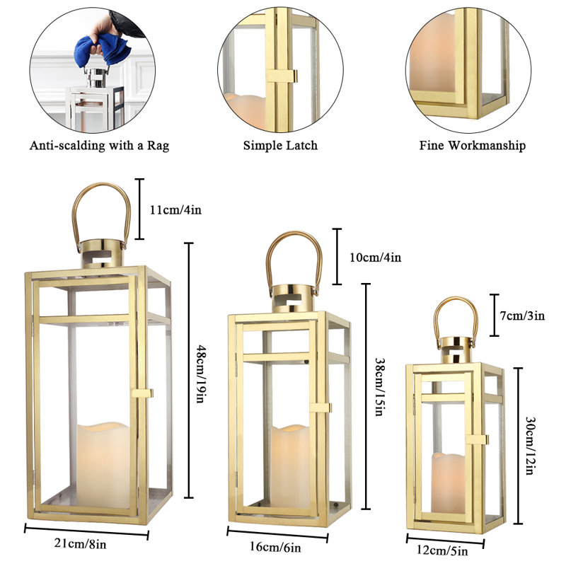 Ensemble de lanternes à bougie en acier inoxydable - tailles variées (12/15 / 19 pouces), Doré, 3
