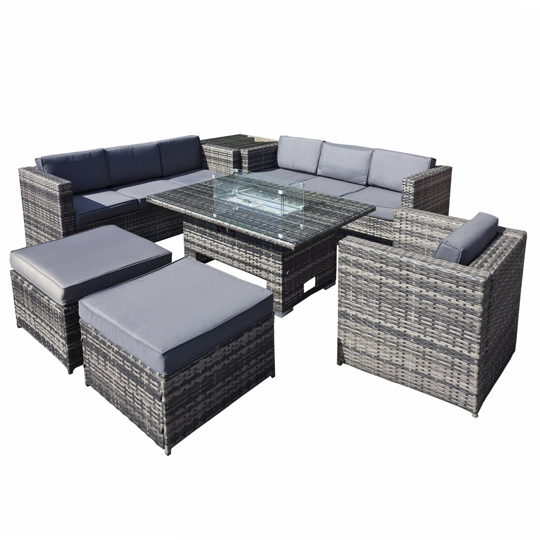 Malta Rattan 9 Seat Rising Firepit Corner Set in Grey Walnut with 2 Footstools