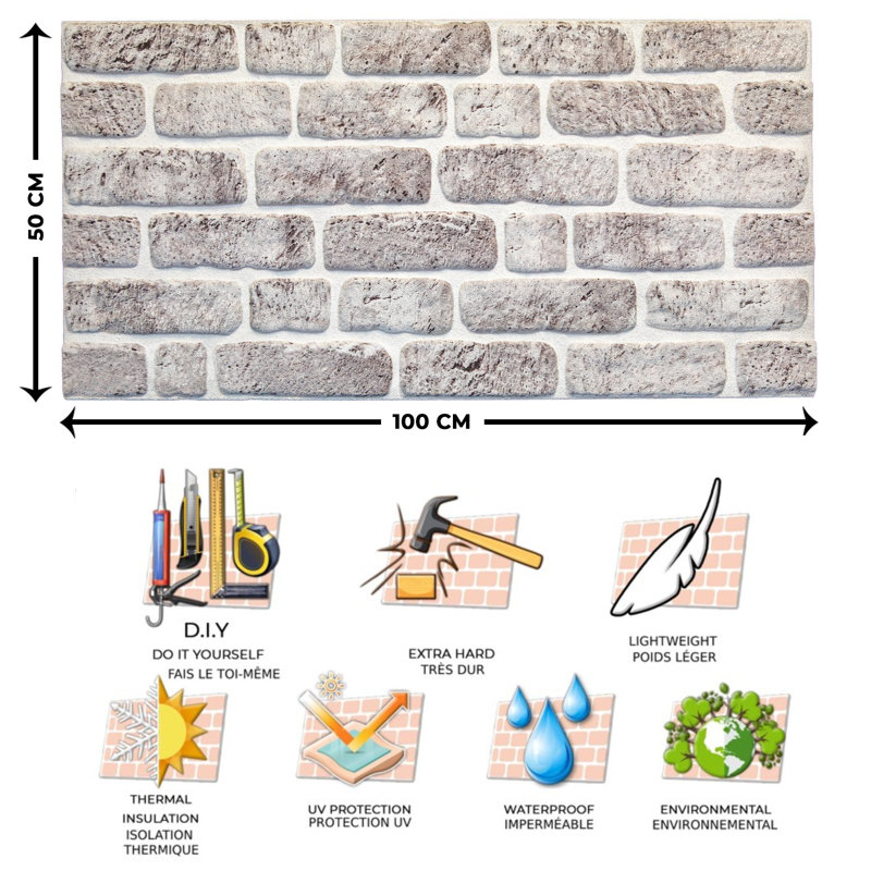 Panneau mural 3D 19,7 "x 39,4" (paquet de 10), Blanc / gris