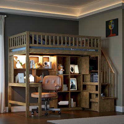 Lit mezzanine à DEL avec bureau intégré et multi-rangement