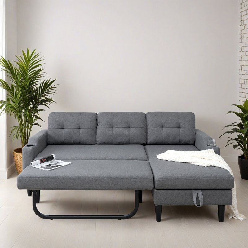 74.82" L Shaped Sleeper Sectional Sofa with Pull Out Bed for Living Room, Gray Polyester