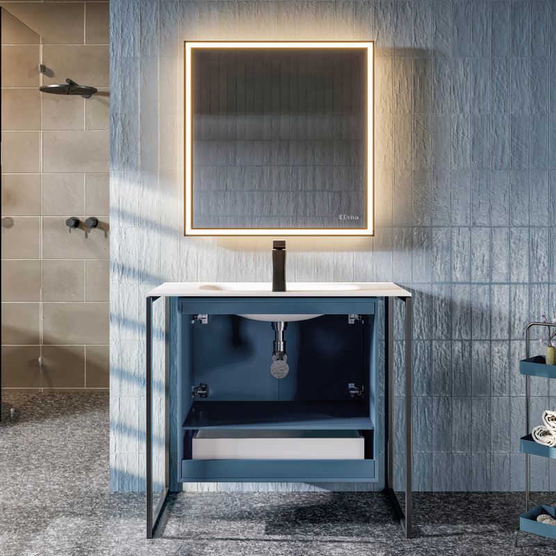 Mendiola 34 In. Wall Mount Single Sink Bath Vanity With Solid Surface Top And Integrated Sink, Blue