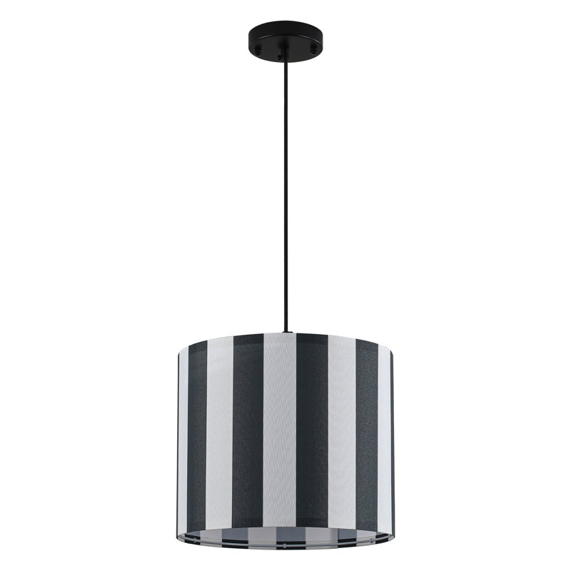 Ensemble de 2 luminaires suspendus cylindriques modernes 1 lumière 12,6 "avec abat-jour en tissu rayé et cordon réglable, noir et blanc (sans ampoules)