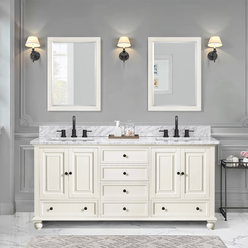 Meuble-lavabo double avec plateau Magruder, Glacis gris anthracite, Blanc de Carrare, 72"