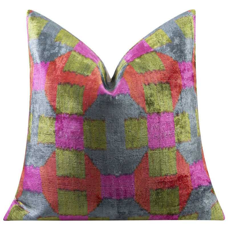 Coussin décoratif en velours fait à la main - 16 po x 16 po, teint naturellement végétal, avec duvet de plumes de qualité supérieure - motif géométrique à carreaux, décoration luxueuse