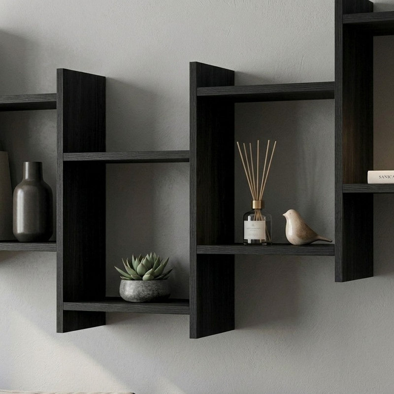 Dillow 10 Piece Floating Shelf Modern Wall-Mounted Storage and Display, Black Wood