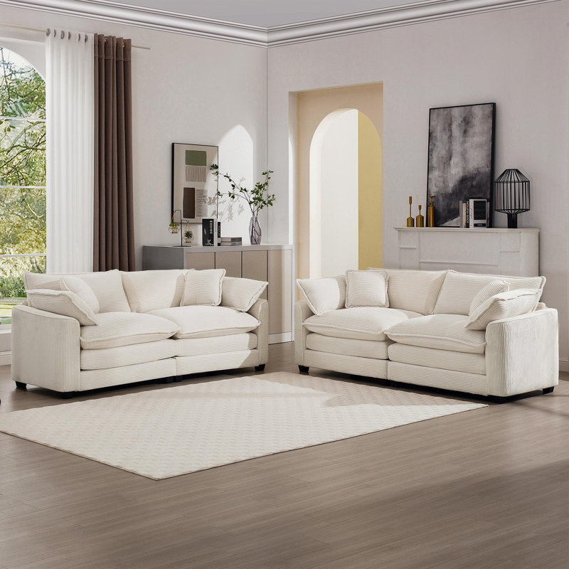 Ensemble de canapé de salon en tissu moderne deux pièces, deux canapés 2 places avec 8 coussins, un grand canapé rembourré à siège profond, tissu en velours côtelé beige clair