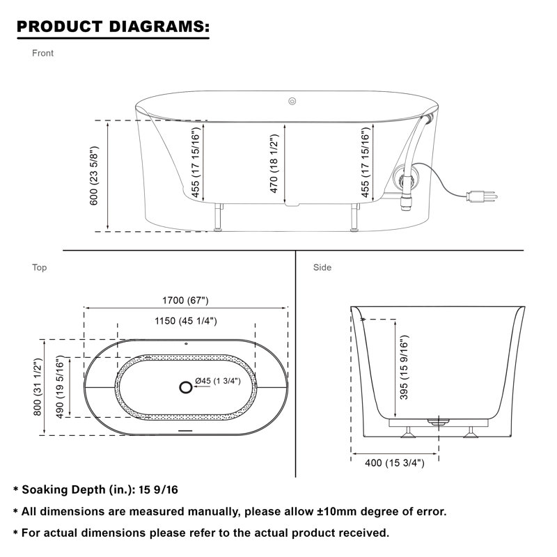 67'' x 31.5'' Freestanding White Bathtub With Air bubble Massage And LED Lighting